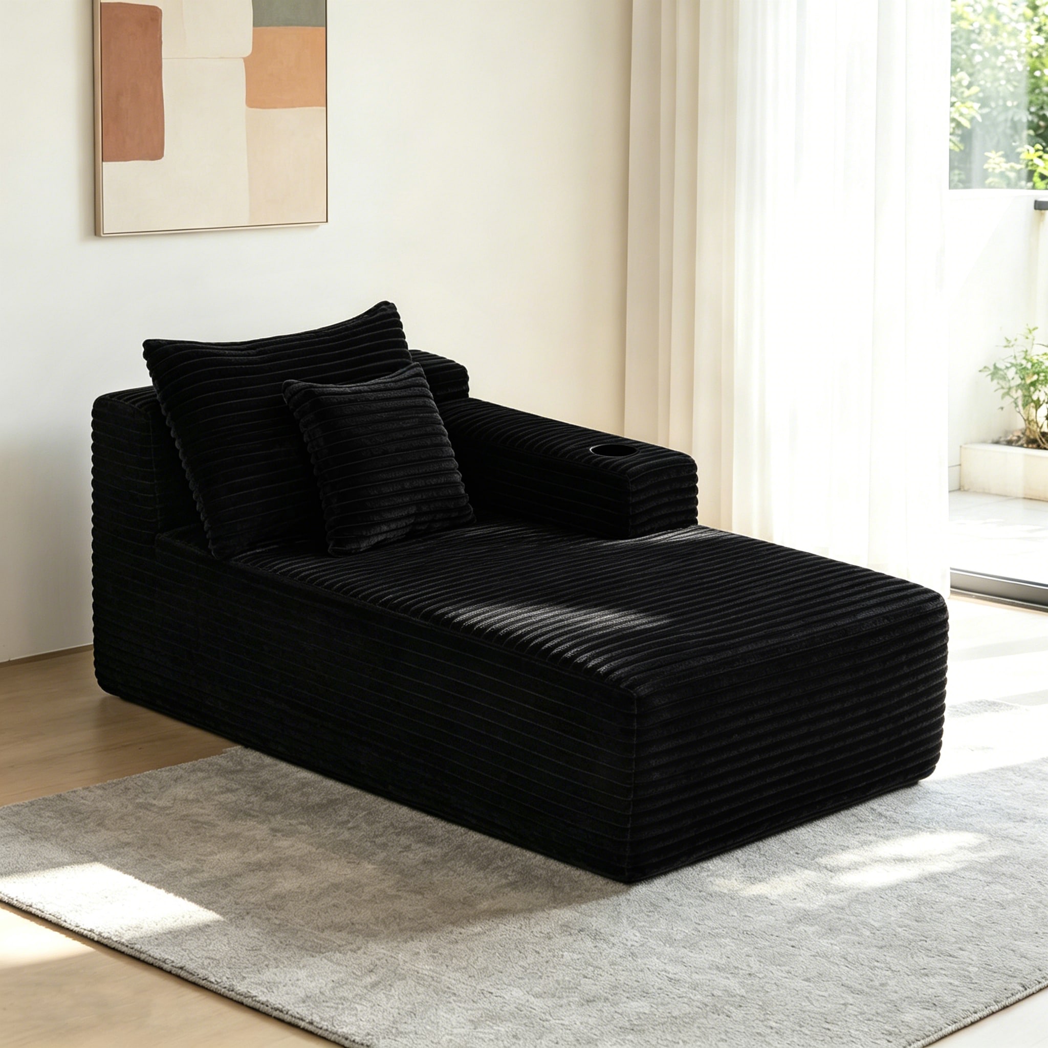 37.5-inch Right Chaise Longue With Plush Black Velvet, Cup Holder, Flexible Matching, Mainly For Living Room Use._maomaolike.com